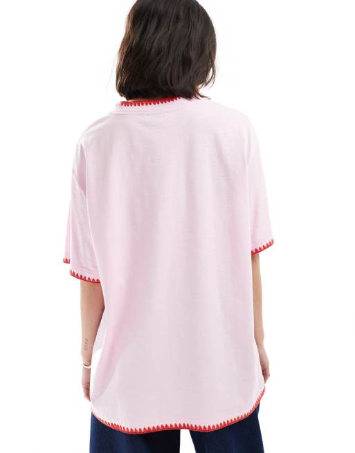 ASOS DESIGN - T-shirt oversize rosa fiammato con bordi ricrac, 4 di 4