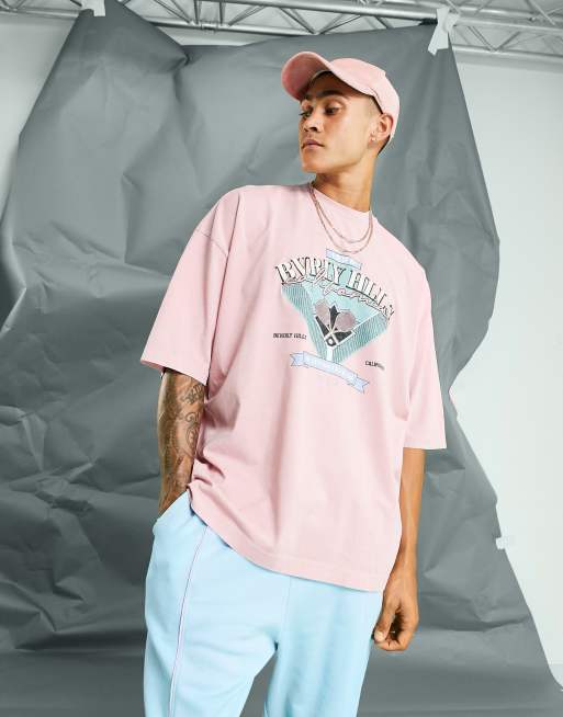 ASOS DESIGN - T-shirt oversize rosa scuro slavato con stampa di Beverly Hills sul davanti