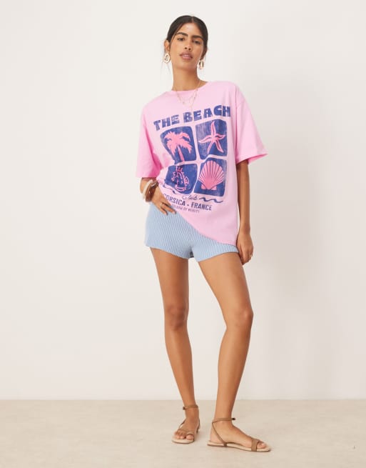 ASOS DESIGN - T-shirt oversize rosa slavato con grafica con conchiglie e spiaggia, 3 di 4