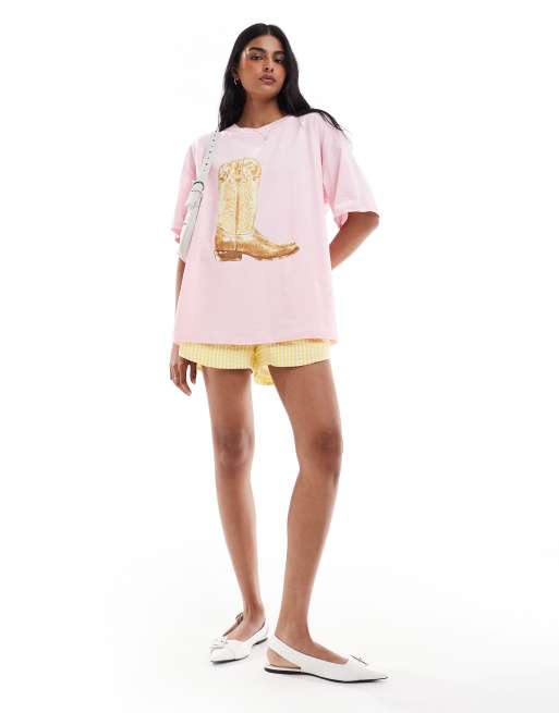 ASOS DESIGN - T-shirt oversize rosa tenue con grafica di stivali da cowboy, 2 di 4