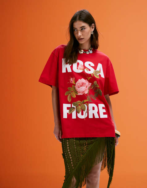 ASOS DESIGN - T-shirt oversize rossa con grafica "Rosa Fiore" - view 1