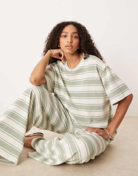 ASOS DESIGN - T-shirt oversize salvia a righe in maglia in coordinato - view 1