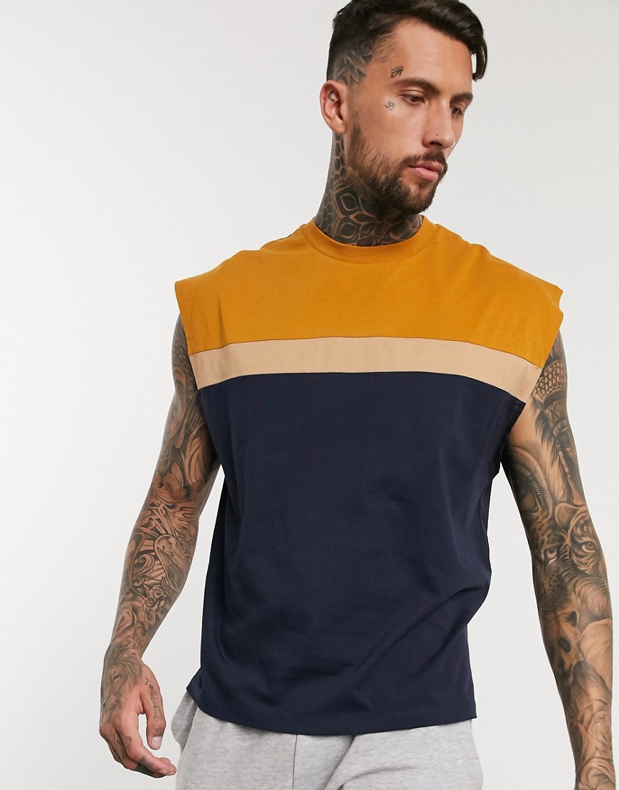 ASOS DESIGN - T-shirt oversize senza maniche con pannelli a contrasto blu navy