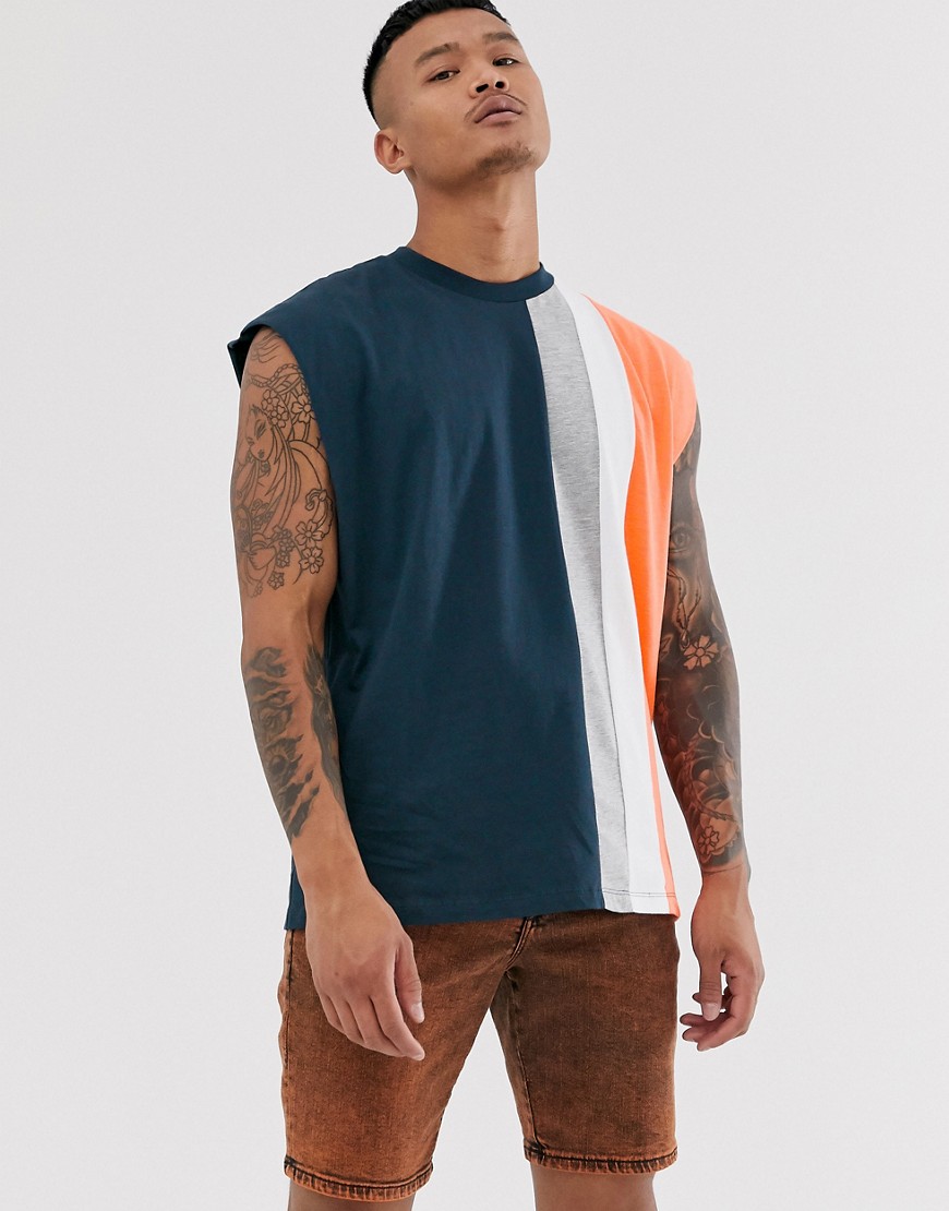 ASOS DESIGN - T-shirt oversize senza maniche con righe verticali colour block blu navy
