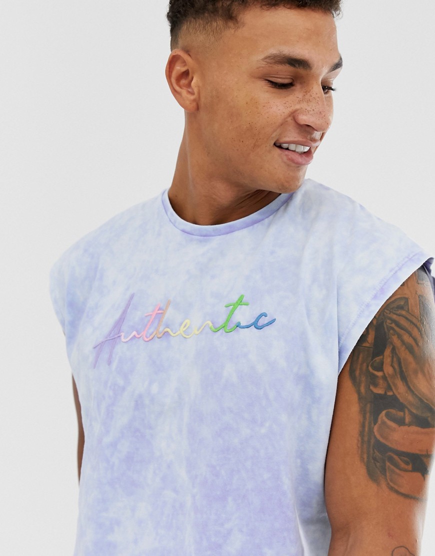 ASOS DESIGN - T-shirt oversize senza maniche con stampa Authentic multicolore effetto slavato-Viola