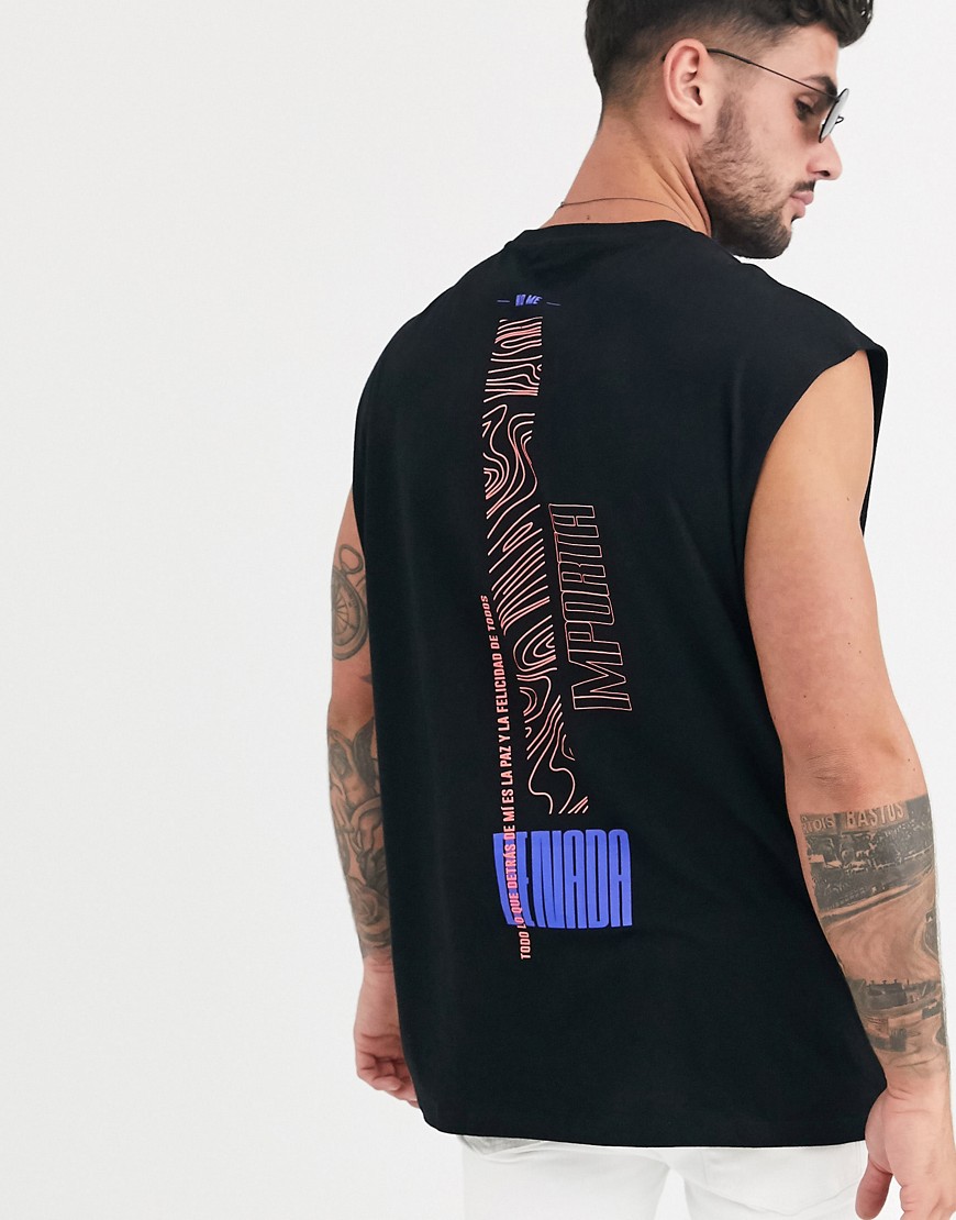 ASOS DESIGN - T-shirt oversize senza maniche con stampa di colonna vertebrale-Nero