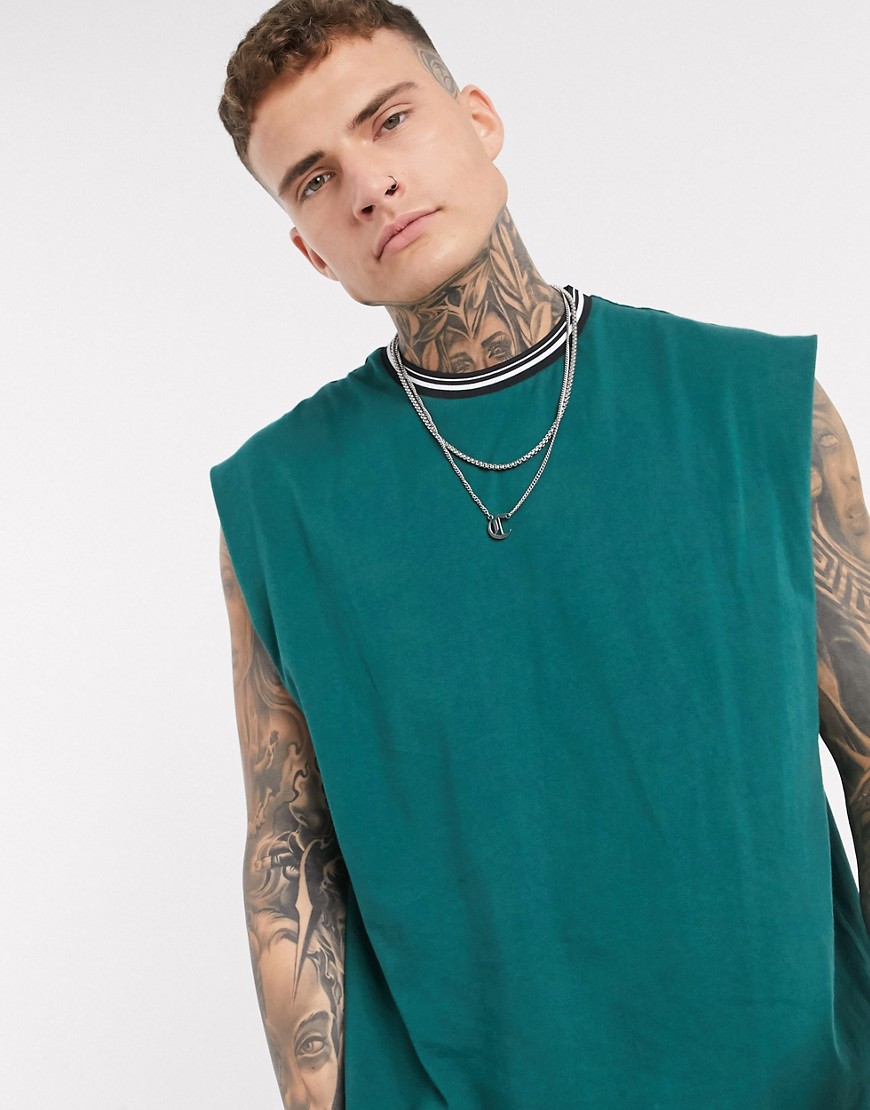 ASOS DESIGN - T-shirt oversize senza maniche verde scuro con righe a contrasto