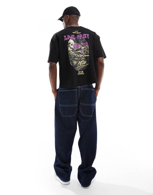 ASOS DESIGN - T-shirt oversize squadrata a maniche corte nera con grafiche 