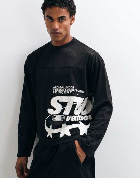 ASOS DESIGN T-shirt oversize squadrata a maniche lunghe con grafica in rete nera - view 1
