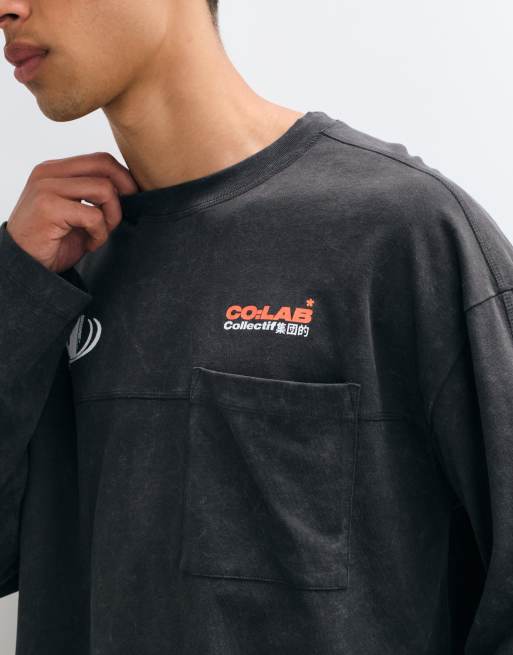 ASOS DESIGN T-shirt oversize squadrata a maniche lunghe con stampa in nero slavato, 2 di 5