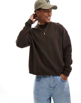 ASOS DESIGN - T-shirt oversize squadrata a maniche lunghe marrone lavorata a nido d'ape con fascia sul fondo - view 1