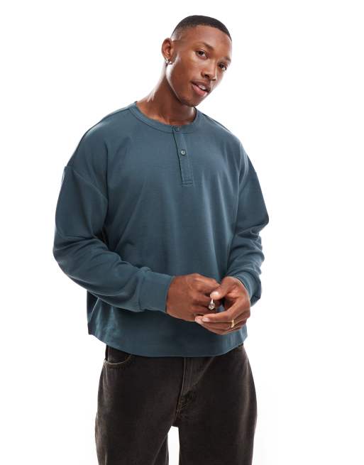 ASOS DESIGN - T-shirt oversize squadrata a maniche lunghe verde con scollo serafino