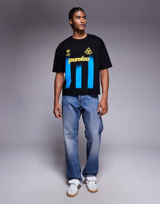 ASOS DESIGN - T-shirt oversize squadrata a righe nera con grafica sportiva , 2 di 5