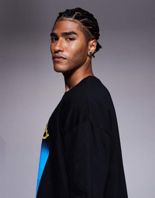 ASOS DESIGN - T-shirt oversize squadrata a righe nera con grafica sportiva , 4 di 5