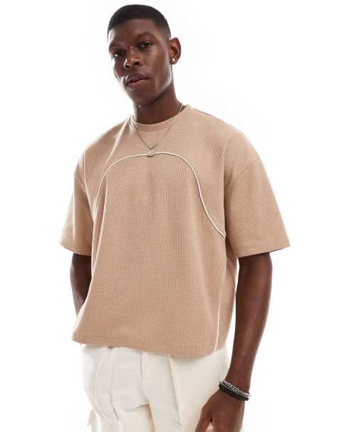 ASOS DESIGN - T-shirt oversize squadrata beige lavorata a nido d'ape con profili a contrasto - view 1