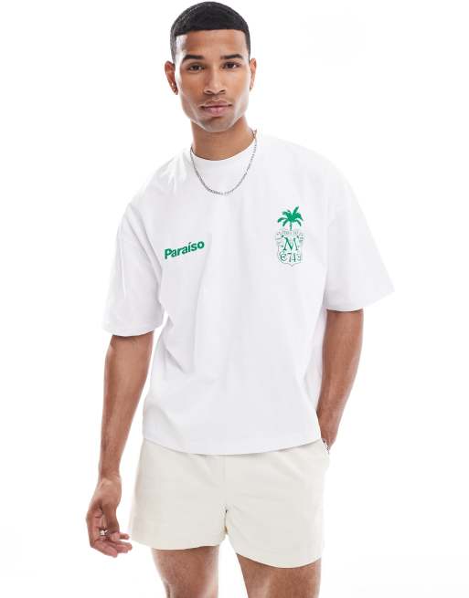 ASOS DESIGN - T-shirt oversize squadrata bianca con stampa di palma sul retro, 2 di 4