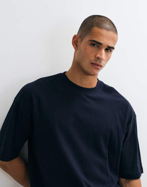 ASOS DESIGN - T-shirt oversize squadrata blu navy in misto lino, 3 di 5