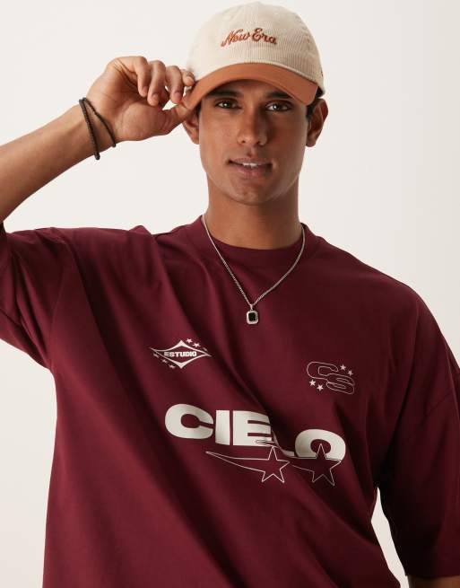 ASOS DESIGN - T-shirt oversize squadrata bordeaux con stampa e spalle scivolate, 3 di 4
