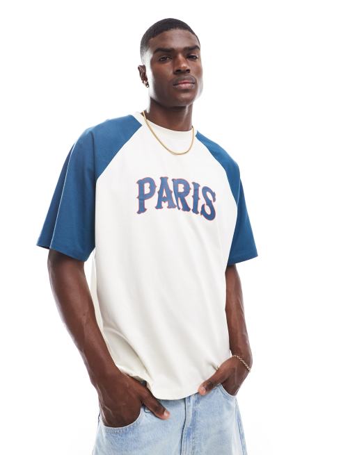 ASOS DESIGN - T-shirt oversize squadrata color bianco e blu con stampa di città sul davanti