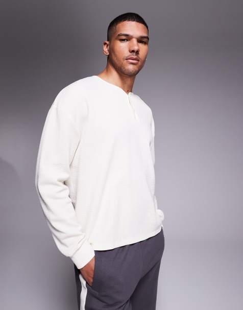 ASOS DESIGN - T-shirt oversize squadrata color crema a maniche lunghe lavorata a nido d'ape con scollo serafino - view 1