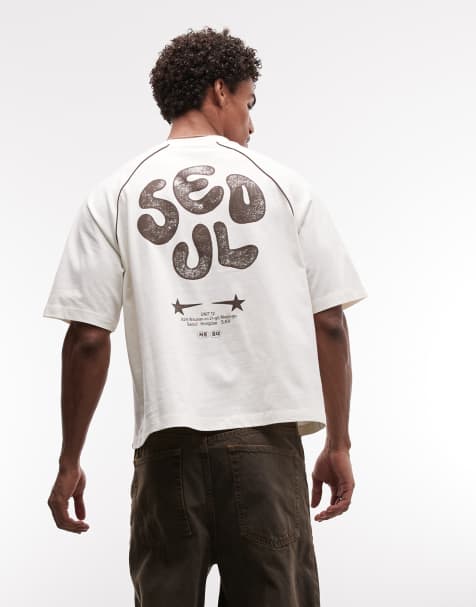 ASOS DESIGN - T-shirt oversize squadrata color crema con grafica "Seoul" in rilievo - view 1