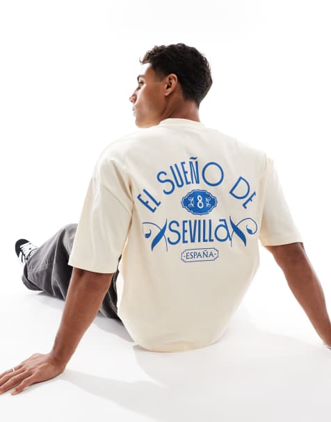 ASOS DESIGN - T-Shirt oversize squadrata color crema con stampa di città e ricamo - view 1