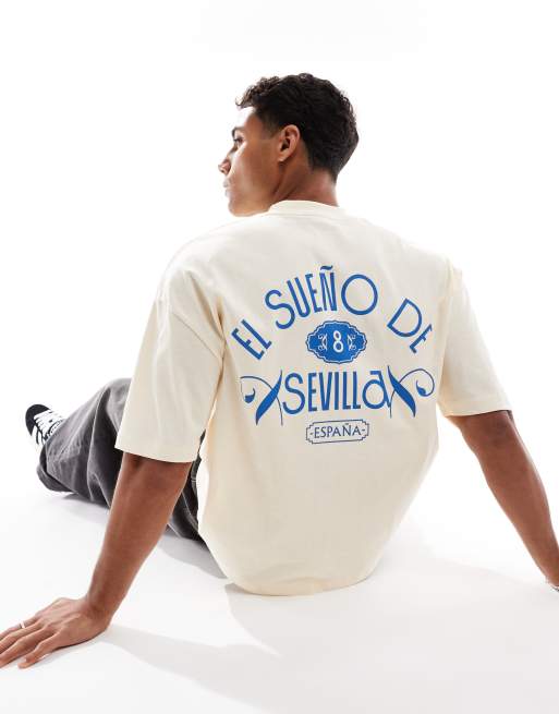 ASOS DESIGN - T-Shirt oversize squadrata color crema con stampa di città e ricamo