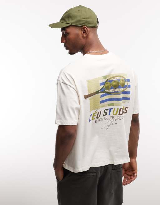 ASOS DESIGN - T-shirt oversize squadrata color panna con grafica tennistica