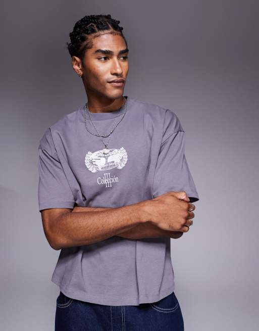 ASOS DESIGN - T-shirt oversize squadrata grigio antracite con stampa di cherubino , 4 di 4
