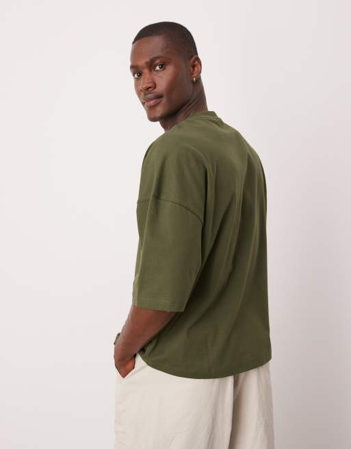 ASOS DESIGN - T-shirt oversize squadrata kaki con stampa e spalle scivolate, 4 di 4
