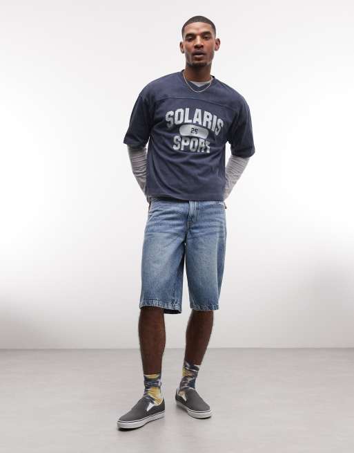 ASOS DESIGN - T-shirt oversize squadrata lavaggio blu navy con grafica sportiva, 3 di 5