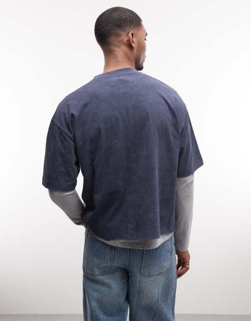 ASOS DESIGN - T-shirt oversize squadrata lavaggio blu navy con grafica sportiva, 4 di 5