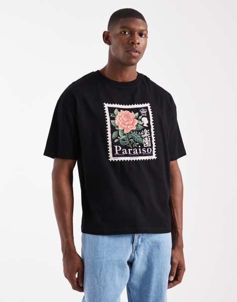 ASOS DESIGN - T-shirt oversize squadrata nera con stampa grafica di francobollo con fiore - view 1