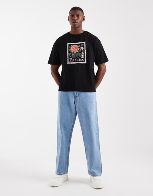 ASOS DESIGN - T-shirt oversize squadrata nera con stampa grafica di francobollo con fiore, 2 di 5