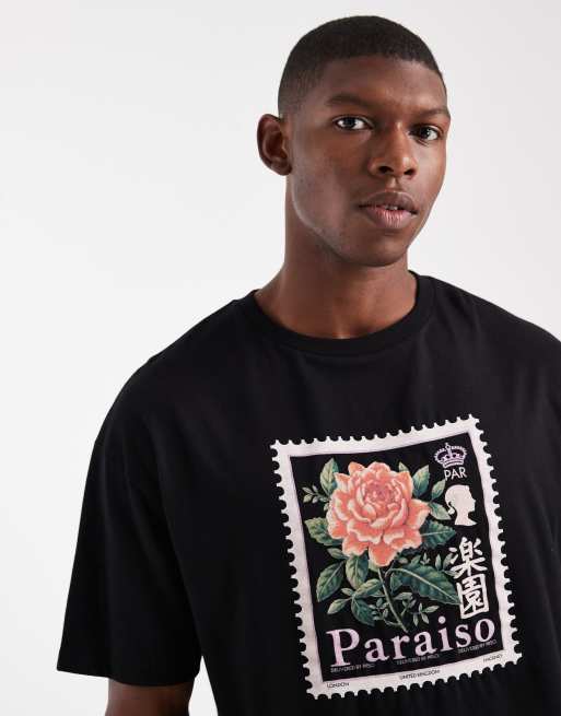 ASOS DESIGN - T-shirt oversize squadrata nera con stampa grafica di francobollo con fiore, 5 di 5