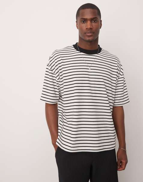 ASOS DESIGN - T-shirt oversize squadrata nera e bianca a righe a coste - view 1