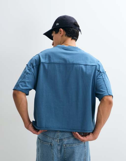 ASOS DESIGN - T-shirt oversize squadrata pesante blu slavato con orlo grezzo, 3 di 5