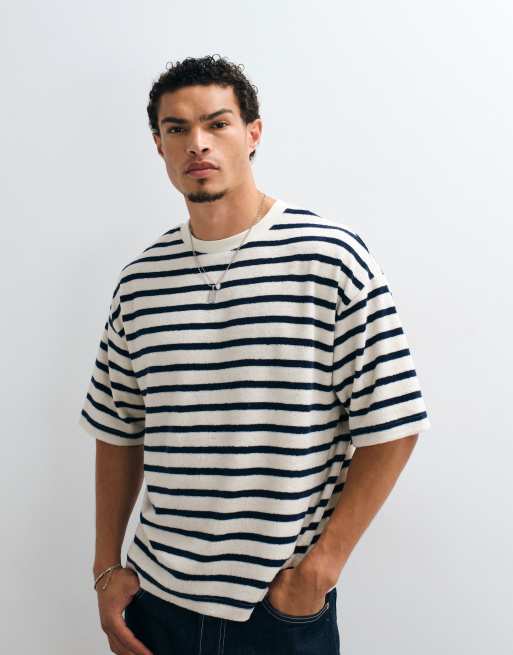 ASOS DESIGN - T-shirt oversize squadrata pesante in tessuto spugna blu navy a righe, 2 di 5