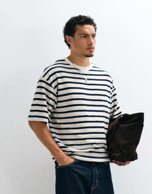 ASOS DESIGN - T-shirt oversize squadrata pesante in tessuto spugna blu navy a righe, 5 di 5