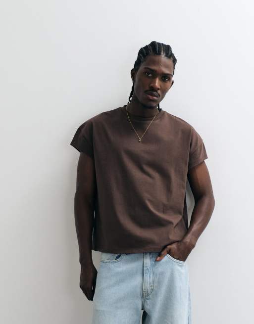 ASOS DESIGN - T-shirt oversize squadrata pesante marrone con maniche ad aletta, 3 di 5