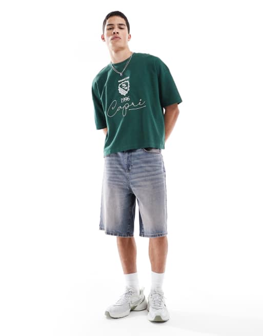 ASOS DESIGN - T-shirt oversize squadrata pesante verde lavorata a nido d'ape con spalle scivolate e ricamo, 2 di 4