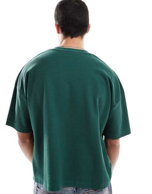 ASOS DESIGN - T-shirt oversize squadrata pesante verde lavorata a nido d'ape con spalle scivolate e ricamo, 4 di 4
