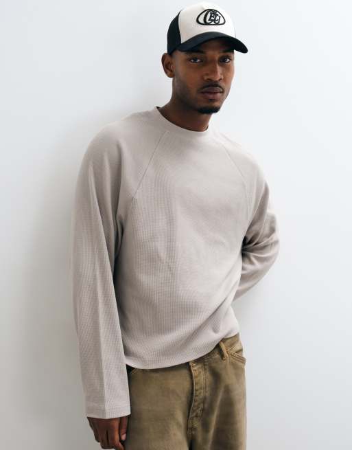 ASOS DESIGN t-shirt oversize squadrata raglan a maniche lunghe in tessuto a nido d'ape color pietra, 1 di 10