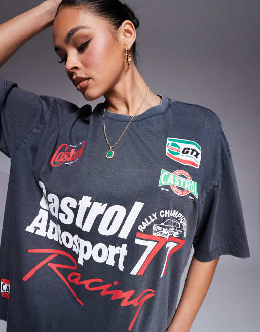 ASOS DESIGN - T-shirt oversize squadrata unisex nero slavato con stampe “Castrol Racing”, 3 di 4