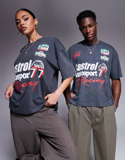 ASOS DESIGN - T-shirt oversize squadrata unisex nero slavato con stampe “Castrol Racing”, 4 di 4