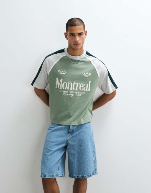 ASOS DESIGN - T-shirt oversize squadrata verde con pannelli cut and sew e grafica a tema calcistico, 3 di 5