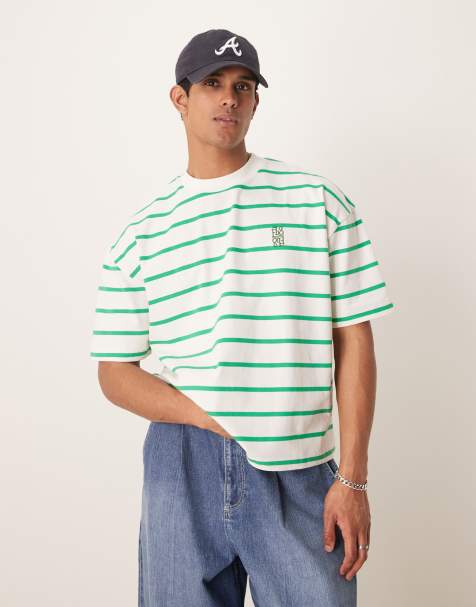 ASOS DESIGN - T-shirt oversize squadrata verde e bianca a righe con logo ricamato - view 1