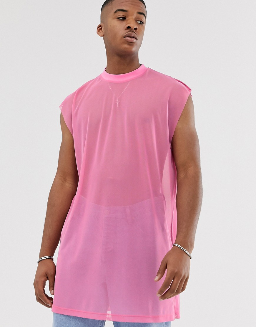ASOS DESIGN - T-shirt oversize super lunga senza maniche in fine tessuto a rete rosa