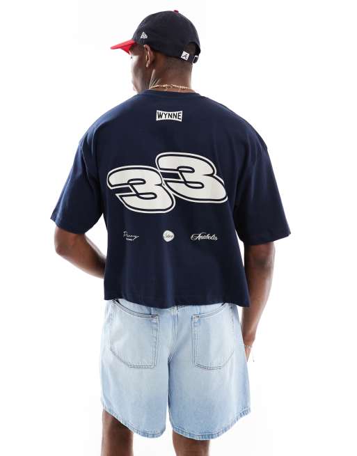 ASOS DESIGN - T-shirt oversize taglio corto color blu navy con grafica stile street