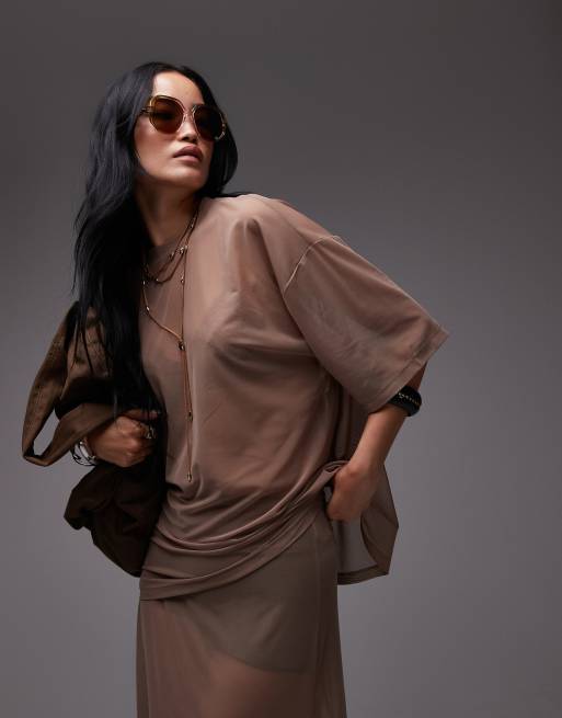 ASOS DESIGN - T-shirt oversize taglio lungo color pietra in rete